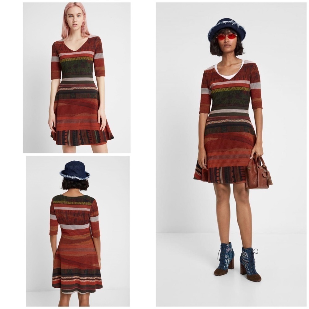 EUC Desigual Autumn Colors Ombré Sunset Striped Boho V Neck Dress M​​​​​​​